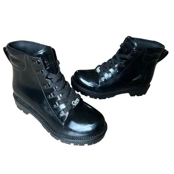 Sam Edelman Circus Black Shiny Rubber Lace Up Combat Boots, Size 6 - Picture 3 of 10